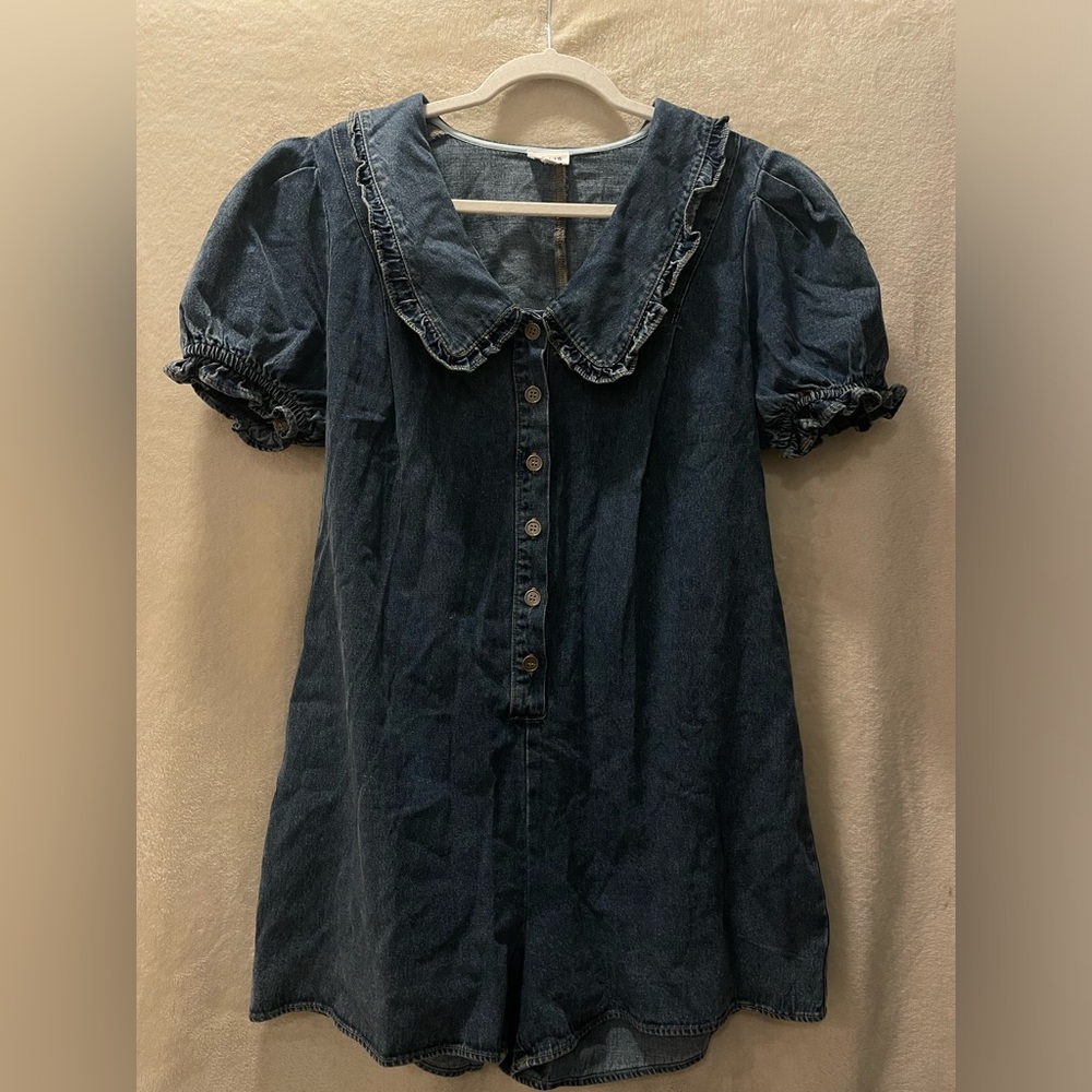 Le Lis Denim Button-Up Romper with Ruffled Collar